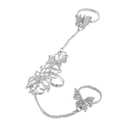 Rhinestone Finger Ring for Women Sparkly Crystal Butterfly Flower Leaf Adjustable Statement Chain Rings Punk Jewelry - color: Silver
