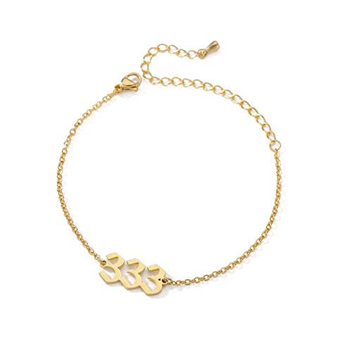 PAMTIER Angel Number Ankle Bracelet for Women Adjustable Chain | Stainless Steel, Dainty Simple Numerology Jewelry Gift - color: 5.5+2.8inch, Gold 333
