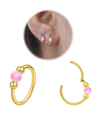 2 Pcs Small Cartilage Hoop Earrings for Women Men, 18G Opal Silver Earrings Hypoallergenic 316L Surgical Steel Hinge Huggie Hoop Earrings for Helix,Tragus,Conch,Rook,Earlobe Piercing Jewelry Nose Ring - style: 1Pc8mm+1Pc10mm Pink Opal/Gold