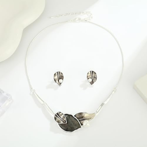 Chunky Statement Jewelry Set Blue Ocean Seashell Choker Necklaces Earrings Set for Women Pearl Bib Collar Necklaces for Party Prom Pageant Summer Fashion Jewelry Unique Birthday Gift - style: leaf abalone shell pearl silver grey