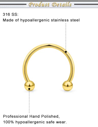 6PCS Septum Rings 18G Stainless Steel Nose Septum Ring Horseshoe Earring Eyebrow Lip Smiley Piercing Jewelry for Women Men Inner Diameter 8mm/10mm/12mm - color: goldtone,ball closure