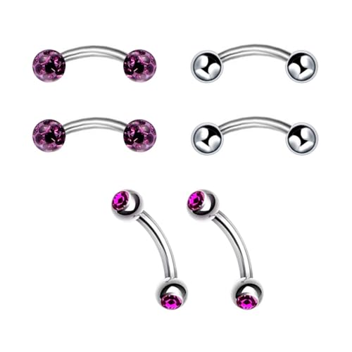 6pc 16G 6/8/10mm Bar Surgical Steel Curved Barbell Coated Crystal Eyebrow Ring Ear Body Piercing Jewelry Set - color: purple