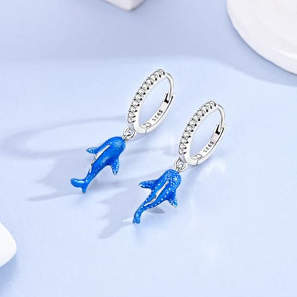 925 Sterling Silver Dangle Whale Shark Butterfly Bow Earrings for Women | Hypoallergenic Huggie Hoop Drop Cross Earrings for Sensitive Ears, Cubic Zirconia Statement Trendy Jewelry Birthday Gifts - color: Blue Whale Shark Earrings
