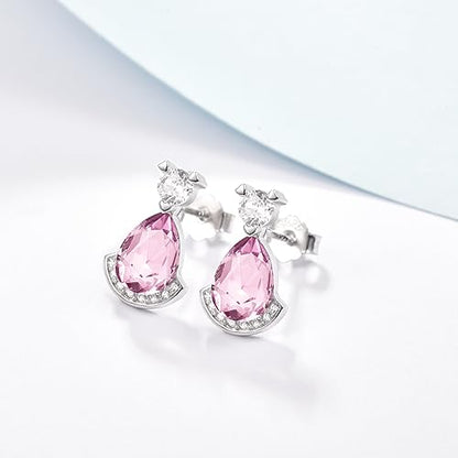 Birthstone Teardrop Crystal Stud Earrings for Women 925 Sterling Silver Solitaire Studs Halo Earrings for Birthday Gifts Teardrop Earrings for women - style: J October