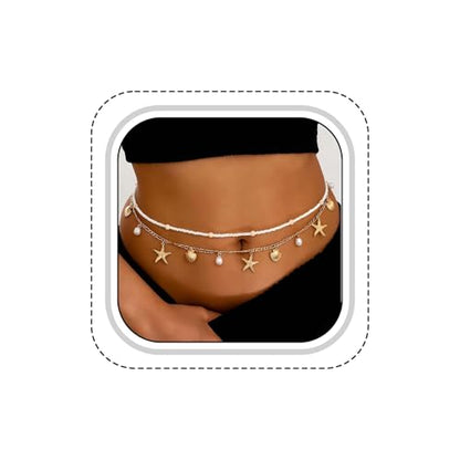 Gold Starfish Waist Chain for Women 2Pcs Adjustable Layered Belly Chain for Women Bohemian Beach Seasonal Festival Vacation Boho Accessories
