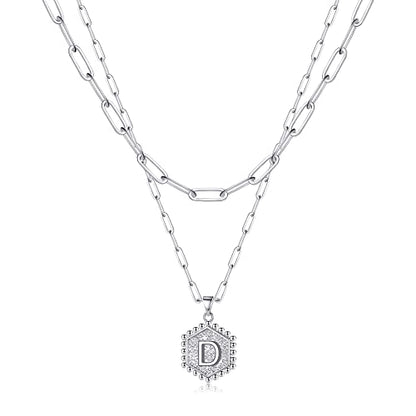 M MOOHAM Dainty Initial Necklaces for Women, 14K-Gold-Plated Layering Necklace for Women Cute Hexagon Letter Initial Necklace Layered Necklaces for Womens Teen Girl Gifts - color: Silver Plated, style: D