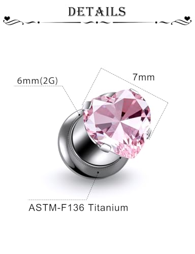 Astm F136 Titanium Heart CZ Ear Gauges Screw Fit Flesh Tunnels Plugs Gauges Earring Expander Stretcher Ear Tunnels For Ears 10G 8G 6G 4G 2G 0G 00G Plug Earrings Piercing Jewelry For Women Men - color: 2G Gauges,Pink CZ