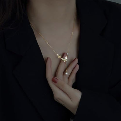 Bohemian Butterfly Pendant Necklace Teardrop Pearl Y Necklace Chain Vintage Pearl Y Lariat Necklace Pearl Y Drop Chain Necklace Gold Butterfly Sweater Chain Necklace Jewelry for Women and Te