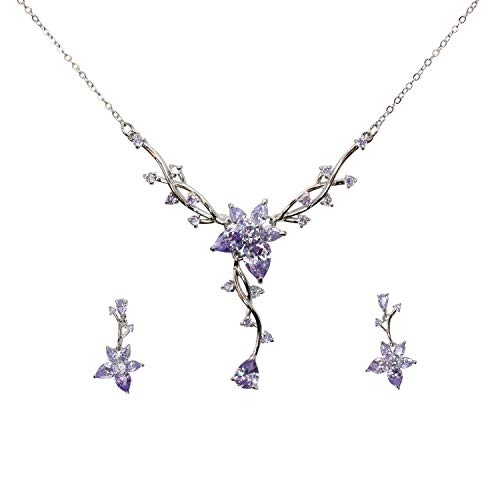 Faship Gorgeous CZ Crystal Floral Necklace Earrings Set - color: Lavender