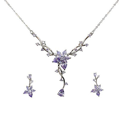 Faship Gorgeous CZ Crystal Floral Necklace Earrings Set - color: Lavender