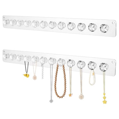 2Pcs Wall Necklace Holder for Women, Hanging Jewelry Organizer Wall Mount Crystal Holder Necklace Wall Hanger, Acrylic Bracelet Holder Organizer Jewelry Rack Adhesive Hooks Necklace Storage - style: 2 Pcs 12 Hooks