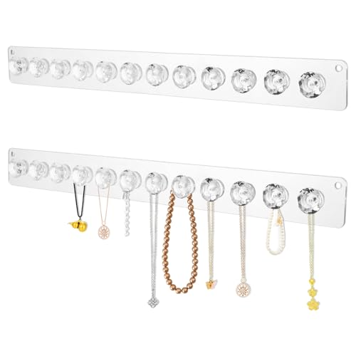 2Pcs Wall Necklace Holder for Women, Hanging Jewelry Organizer Wall Mount Crystal Holder Necklace Wall Hanger, Acrylic Bracelet Holder Organizer Jewelry Rack Adhesive Hooks Necklace Storage - style: 2 Pcs 12 Hooks