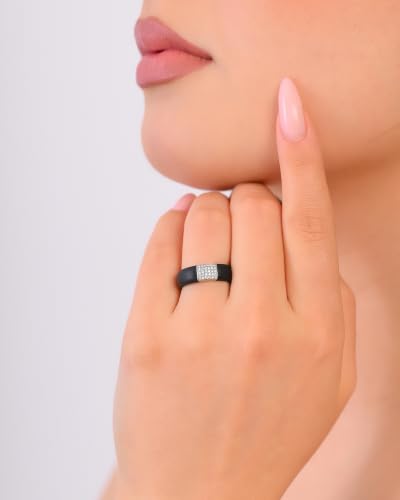 Rinfit Silicone Ring with Metal Plate & CZ for Women | AAAAA Grade Cubic Zirconia Stones, Flexible Rubber Wedding Band, Comfortable Fit, Engagement Ring for Her, Patented Design - color: Pack A: Black and Silver