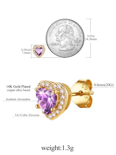 FindChic Birthstone Earrings for Women, Round/Heart/Square/Teardrop Earrings with 925 Sterling Silver Posts & Push Backs, Hypoallergenic Studs with Cubic Zirconia, 12 Months Jewelry with Gift Box - style: 06. June-Alexandrite (Heart-Gold)