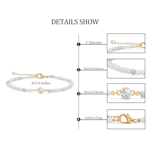 Raicegs Anklets for Women Handmade Beach Boho Ankle Bracelet 3mm Natural Stone Beaded Ankle Bracelet 14K Gold Plated Zircon Pendant Adjustable Crystal Gemstone Anklet Jewelry Gift for Her - color: Aquamarine