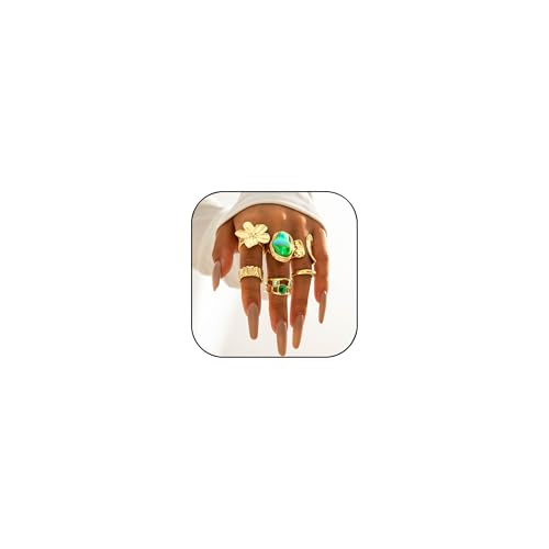 Chunky Gold Rings for Women Non Tarnish 6 PCS Vintage Stackable Flower Baroque Pearl Rhinestone Rings set Adjustable Trendy Statement Jewelry - color: green