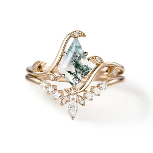 Natural Moss Agate Leafy Vintage Bridal Sets Wedding Rings for Women, 10K 14K 18K Solid Gold Kite-Cut Green Moss Agate and Moissanite Engagement Ring for Women Mother Her Jewelry Gift - color: 08-style8