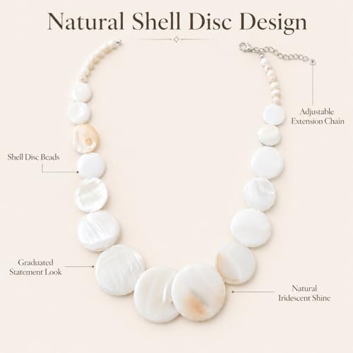 Shell Necklace for Women, White Disc Mother of Pearl Look Statement Choker | White disc beach jewelry with a mother of pearl look and adjustable fit for summer vacation, coastal and resort outfits.