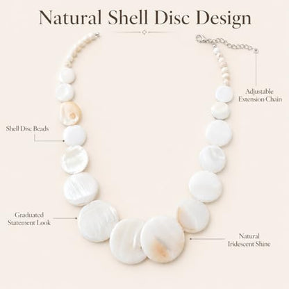 Shell Necklace for Women, White Disc Mother of Pearl Look Statement Choker | White disc beach jewelry with a mother of pearl look and adjustable fit for summer vacation, coastal and resort outfits.