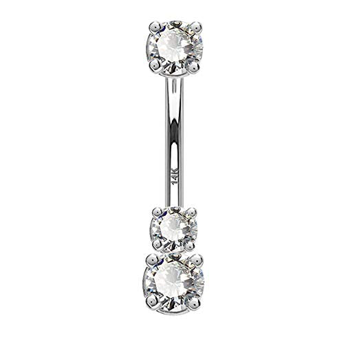 OUFER 14K Solid Gold Belly Navel Button Ring Clear 5A Cubic Zirconia Design Belly Rings Piercing Jewelry - color: white gold