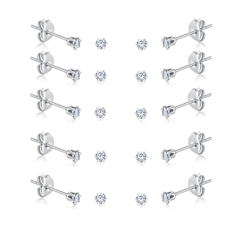 FOSIR 10 Pairs Tiny Womens Surgical Stainless Steel Clear Cubic Zirconia Stud Earrings, Hypoallergenic 316L Earrings Set - style: 3mm-10 pairs