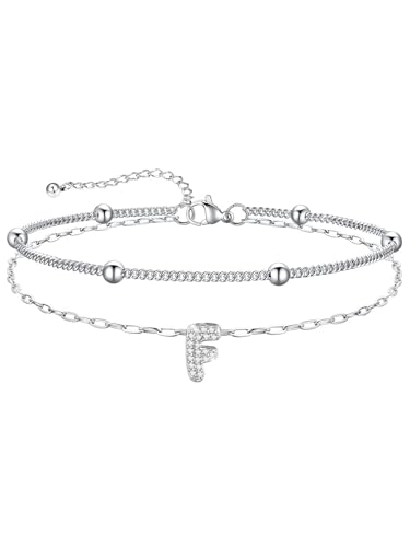 U7 Initial Ankle Bracelets for Women Silver/Gold Anklets Waterproof, 14K Gold Plated Layered Anklets Bracelet Stainless Steel Hypoallergenic 8.5"-10.5" - color: Silver-CZ, size: F