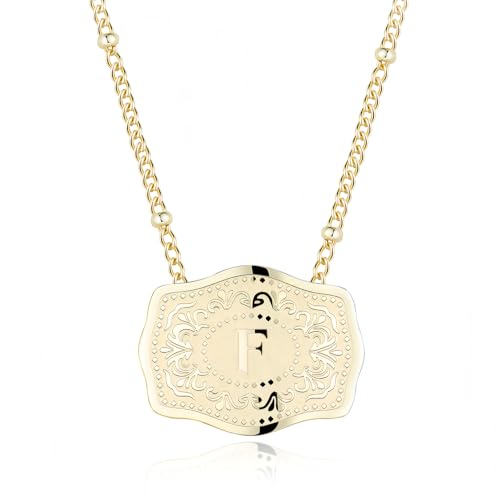 14K Gold-Plated Initial Necklace for Women, Western Belt Buckle Letter Pendant, Alphabet Necklace Includes 2 Chains, Cowgirl Jewelry Gift - color: F