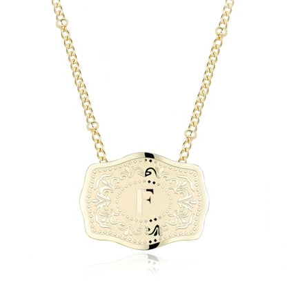 14K Gold-Plated Initial Necklace for Women, Western Belt Buckle Letter Pendant, Alphabet Necklace Includes 2 Chains, Cowgirl Jewelry Gift - color: F