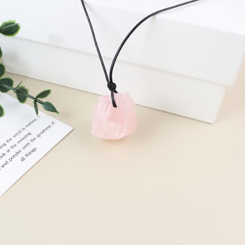 Natural Raw Crystal Necklace for Women Irregular Stone Necklaces Spiritual Gemstone Pendant with Adjustable Rope - color: A-Rose Quartz