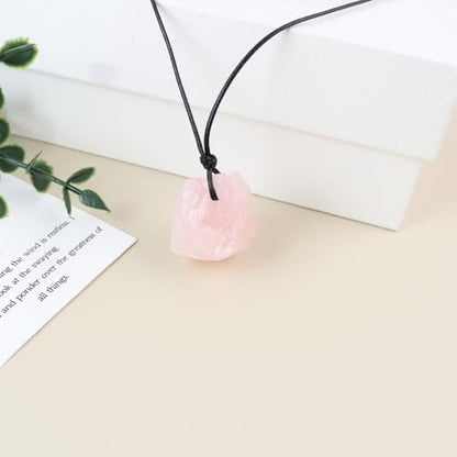 Natural Raw Crystal Necklace for Women Irregular Stone Necklaces Spiritual Gemstone Pendant with Adjustable Rope - color: A-Rose Quartz