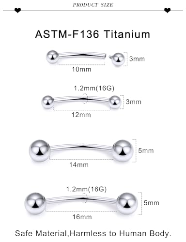 20G 18G 16G 14G 12G 8G 6G 4G 2G Astm F136 Titanium Internal Thread Eyebrow Piercing Jewelry Curved Barbell Vertical Labret Lip Daith Rook Earrings Navel Belly Button Ring Piercing Jewelry - style: 16G, 10mm 12mm 14mm 16mm Length, Ball