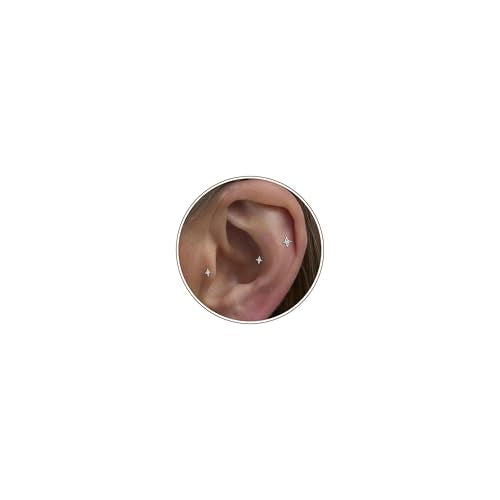 20G/18G/16G Titanium Flat Back Earrings, Threadless Nose Stud Tiny Stud Earrings, Cartilage Tragus Piercing Jewelry Conch Helix Stud - color: CZ Star (silver 3pcs), size: 20ga(0.8mm)