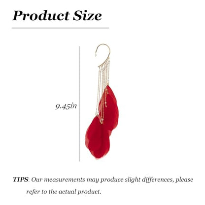 Feather Earrings for Women Ear Cuffs Long Tassel Boho Clip Earrings Red White Non Piercing Earring Statement Jewelry Birthday Prom Jewelry Gifts - color: A3:red tassel feather ear clips