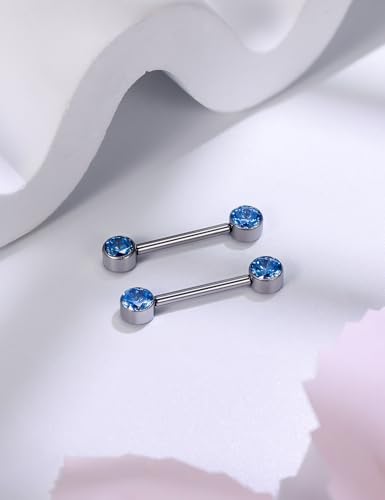 14G ASTM F136 Titanium Nipple Piercing Jewelry Round CZ Nipple Barbell Jewelry Internally Threaded G23 Solid Titanium Nipple Piercing Barbell Ring Jewelry for Women Men 14 Gauge - style: Sea Blue CZ