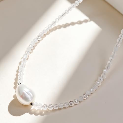 Single Pearl Choker Pendant Necklaces for Women, Natural Gemstone Womens Black Stone Beaded Choker Necklace, Dainty Round Freshwater Pearl Handmade Jewelry Gift Women Birthday Bridesmaids Anniversary 16 18 inch - color: 07-Moonstone, size: 16"