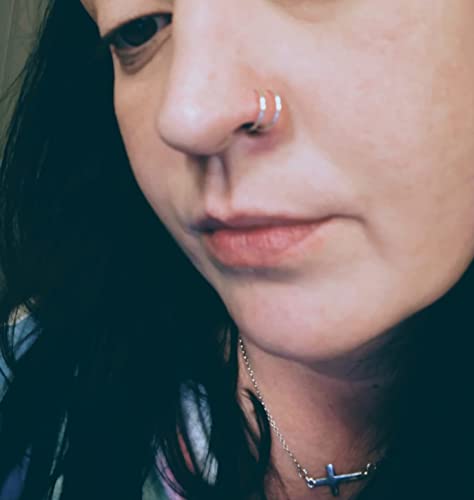Fake Nose Ring Hoop Double Fake Septum Rings Fake Nose Piercing Clip on Earring Hoops Faux Nose Rings Lip Ring - color: A21-silver+rose gold
