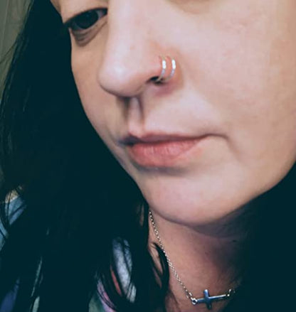 Fake Nose Ring Hoop Double Fake Septum Rings Fake Nose Piercing Clip on Earring Hoops Faux Nose Rings Lip Ring - color: A21-silver+rose gold