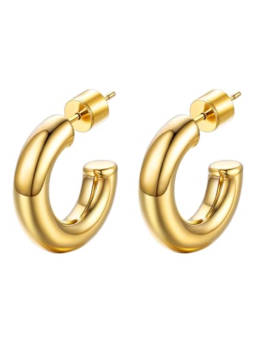 PROSTEEL Chunky Hoop Earrings for Women 14K Gold Plated/Black/Silver | 20/30/40/50/60/70/80mm Stainless Steel Thick Big Round Hoop with Waterproof and Non Tarnish Trendy Jewelry with Gift Box - color: 2. Gold, size: 20MM