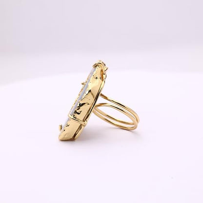 Ring Geode Druzy Slice Unique And Stylish Statement Gold Plated Jewelry Natural Gemstone Stone size 25-35 mm Approximately Adjustable Shank US Scale Size 6-9 - color: Gray, 5