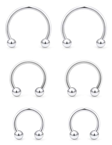 6PCS Septum Rings 18G Stainless Steel Nose Septum Ring Horseshoe Earring Eyebrow Lip Smiley Piercing Jewelry for Women Men Inner Diameter 8mm/10mm/12mm - color: silvertone,ball closure