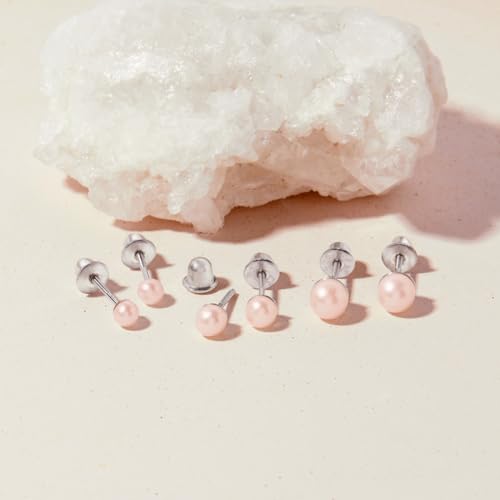In Season Jewelry Pink Simulated Pearl Kids Earrings - 925 Sterling Silver Hypoallergenic Earrings for Girls with Safety Screw Backs - Safe & Comfortable for Toddlers, Kids & Little Girls, 3mm-5mm