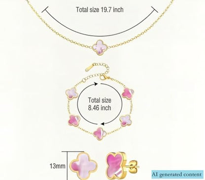 Clover Necklace and Bracelet Set + Four Leaf Clover Earrings, 18K Gold Plated Dainty Jewelry Gift for Women (Pearl White/Ocean Blue/Sweet Lilac) - color: Sweet Lilac