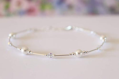 Anklet White Pearl & Iridescent Crystal Sterling Silver Beach Wedding Bridesmaid Anniversary Gift - style: Large 9 1/2 to 11"