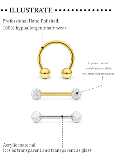 Hoeudjo 14Pcs 14G Surgical Steel Chain Dangle Nipple Rings Barbell Piercing Jewelry Retainer for Women - color: 7 Pairs/14G/Gold-tone