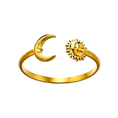 Sun and Moon Rings Stainless Steel Crescent Sun Rings for Women Gold Open Ring Middle Index Finger Jewelry Gift - color: A-Gold Sun&Moon