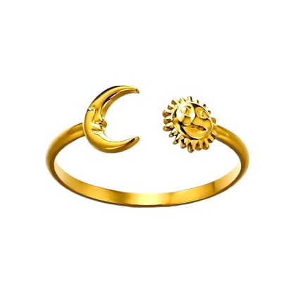 Sun and Moon Rings Stainless Steel Crescent Sun Rings for Women Gold Open Ring Middle Index Finger Jewelry Gift - color: A-Gold Sun&Moon