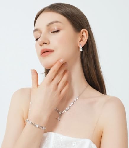 Jewelry Set for Women Bride Bridesmaid Wedding Party Prom Necklace Earrings Bracelet Set Gift for Mother Wife Friend - color: White