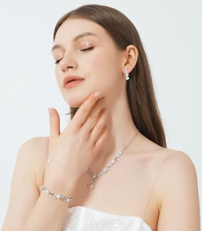 Jewelry Set for Women Bride Bridesmaid Wedding Party Prom Necklace Earrings Bracelet Set Gift for Mother Wife Friend - color: White