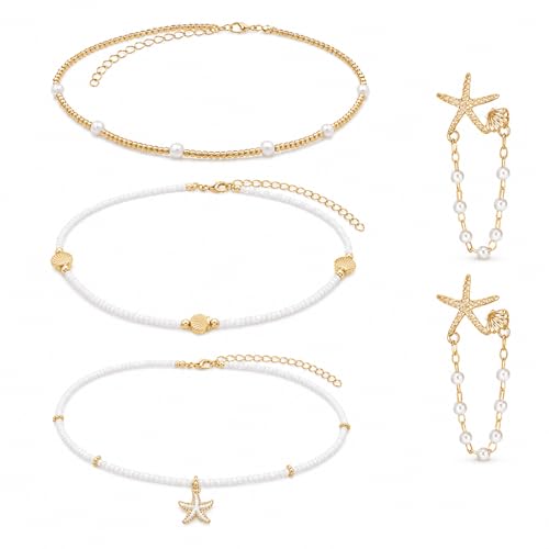 Sea Shell Necklace Set for Women, 3PCS Gold White Alloy Seashell Necklaces with 2PCS Matching Starfish Earrings, Ocean Inspired Beach Vacation Jewelry