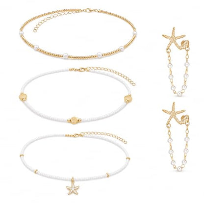 Sea Shell Necklace Set for Women, 3PCS Gold White Alloy Seashell Necklaces with 2PCS Matching Starfish Earrings, Ocean Inspired Beach Vacation Jewelry